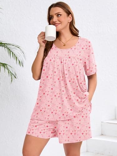 AusLook Women's Plus Size Pajama Sets Short Sleeve Top and Shorts Pink Tiger Hearts 2X Casual Comfy Soft Ladies Short Pajamas Set Loungwear Sleepwear Pjs Set 2 Piece Lounge Set with Pockets - Thumbnail 2