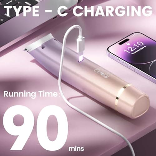 Lmpil Bikini Trimmer for Women, 2-in-1 Electric Razor with Dual Heads, Ceramic Blade, Waterproof & Rechargeable, Painless Pubic Hair Shaver for Bikini, Underarm, Legs, Face — PinkPurple - Thumbnail 6
