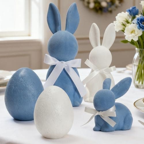 WDS WONDROUS Easter Decorations Set of 5, 3 Flocked Bunny Figurines & 2 Egg Statues, Resin Sculptures Tabletop Decor for Spring Farmhouse Mantel, Blue & White Easter Bunny Gifts, Cute Home Decor - Image 1