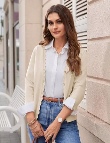 GRACE KARIN Beige Cardigan Sweater for Women Dressy Casual Bolero Shrugs Lightweight 3/4 Sleeve Cropped Open Front Knit Blazer - Thumbnail 3