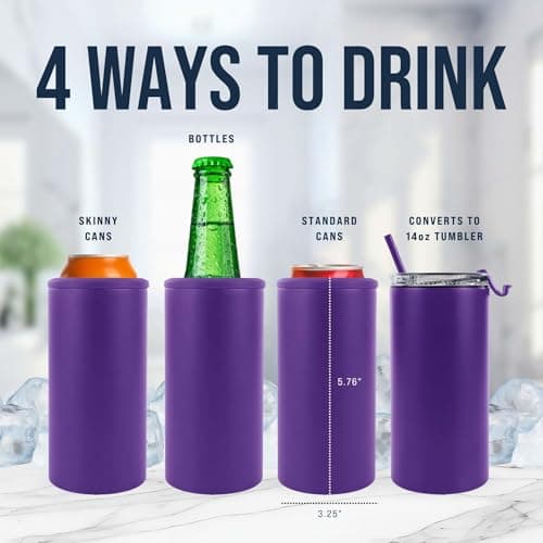 4 in 1 Universal Can Cooler - Purple, Can Holder Insulated, Beer Bottle Cooler, Universal Holder for All Drink Sizes, Stainless Steel Insulated Tumbler, Tailgating Accessories - Thumbnail 2