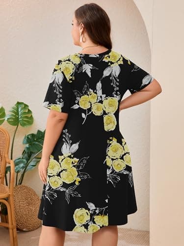 AusLook Plus Size Midi Dress for Women Black Golden Floral 3X Short Sleeve Loose V Neck Summer Casual A Line Knee Length Work Outfit T Shirt 2026 Sundresses with Pockets - Thumbnail 6