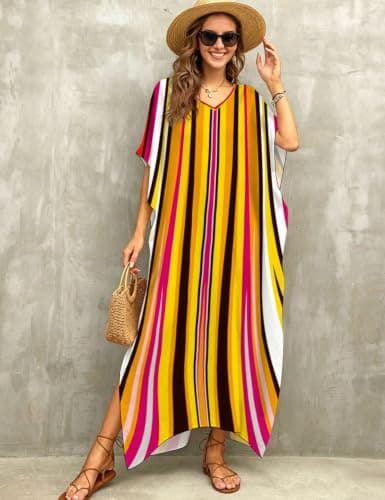 ZIRHYSTA Kaftan Dress for Women Beach Cover Ups, Plus Size V Neck Maxi Swimsuit Coverup, Oversized Caftans for Pool Resort S-XXL (Sunset Stripe) - Thumbnail 6