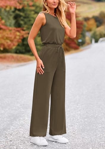 PRETTYGARDEN Jumpsuits for Women Casual 2026 Summer Sleeveless Wide Leg Pants Rompers One Piece Beach Vacation Spring Outfits (Army Green,X-Large) - Thumbnail 4