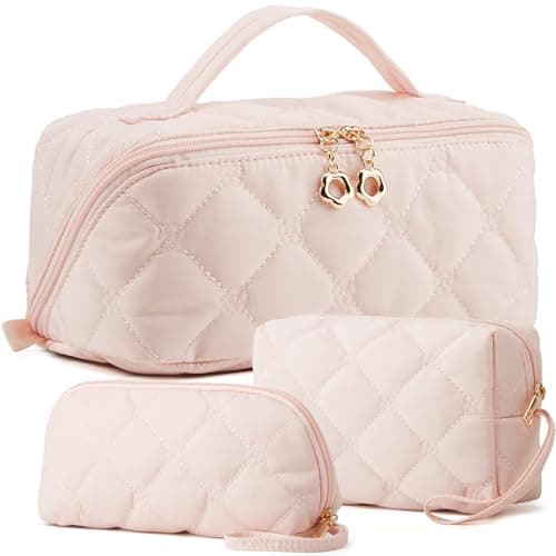 YTL Travel Makeup Bag, Puffer Cosmetic Bag for Women, Waterproof Puffy Padded Make Up Bags, Flat Open Portable Organizer Case Toiletry Bag Pouch Purse for Skincare, Brushes & Travel Essentials - Image 1