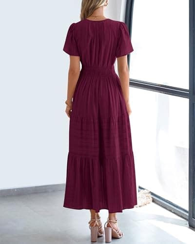 BTFBM Womens Summer 2026 Casual Midi Maxi Dresses Lightweight Short Sleeve V Neck Elastic Waist Boho Beach Dress Pockets(Wine Red, Small) - Thumbnail 3