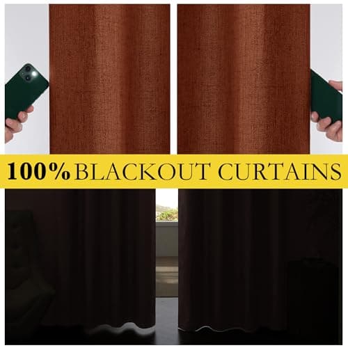 NICETOWN 100% Absolutely Blackout Linen Curtains with Thermal Insulated Liner, 52" Wide, 2 Panels, 45" Long Drapes, Grommet Retro Burnt Orange Linen Curtains Vertical Drapes Privacy for Bedroom - Thumbnail 4