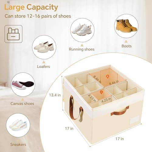 Criusia Shoe Organizer for Closet, 2 Pack Foldable Shoe Storage Organizer Box Bin with Adjustable Dividers and Clear Cover, Closet Shoe Storage for Sneakers Sandals Boots, Fit 16-32 Pairs, Beige - Thumbnail 4