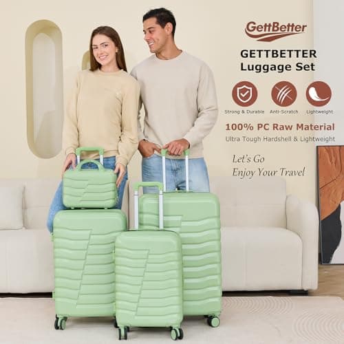 GettBetter Luggage Sets PC Hardshell Durable Suitcase Sets Double Spinner Wheels TSA Lock Zippers 4 Piece Luggage Set for Women Men,Back to School,Avocado Green(14/20/24/28 inch) - Thumbnail 2