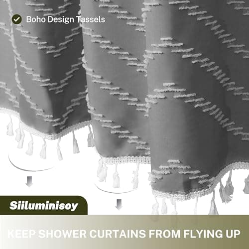 Siiluminisoy Boho Shower Curtain with Tassel Woven Fabric Grey Shower Curtain 72 x 72 Modern Farmhouse Textured Tufted Chevron Striped Minimalist Bathroom Shower Curtain Set with Hooks - Thumbnail 3