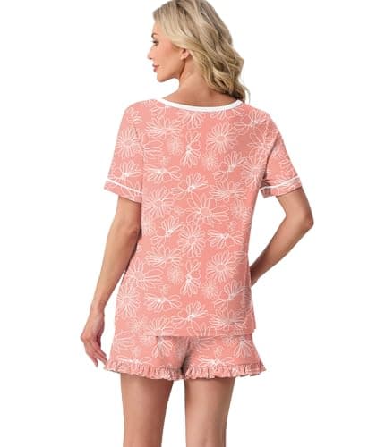 PrinStory Womens Pajama Set 2 Piece Short Sleeve Top and Shorts Pjs Cute Lightweight Pj Sets Soft Lounge Set with Pockets FP-Pink Sunflower-S - Thumbnail 6