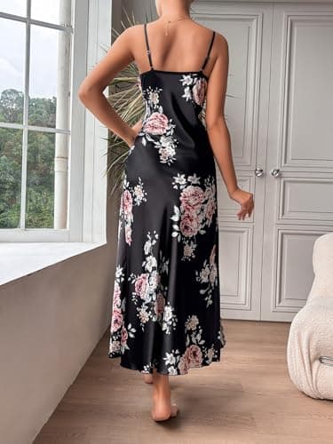 CRIPOM Silky Nightgowns for Women Black Lace Lingerie Silk Pajamas Womens Nightgowns Sexy Night Gowns for Woman Classy Lingerie for Women Black Floral S - Thumbnail 6