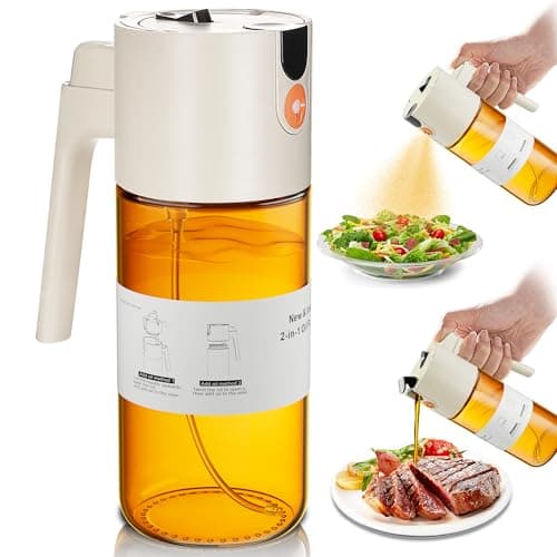 OURCABECUE Upgrade 2 in 1 Oil Sprayer for Cooking, 17oz Light-Blocking Glass Olive Oil Dispenser Bottle for Kitchen,Food-Grade Oil Mister with 8 Stickers for Salad, Frying (Brown Bottle-White Cap)