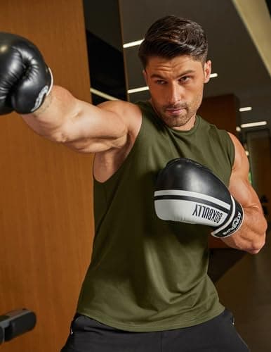 COOFANDY Men's Cotton Tank Top Muscle Cut Off T Shirts Plain Sleeveless Workout Shirt Army Green L - Thumbnail 3