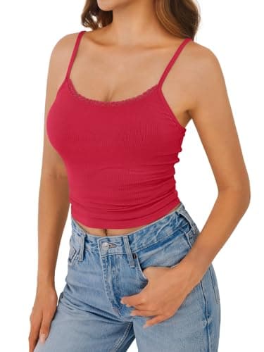 GKBK Sleeveless Camisole Tank Tops for Women Y2K Spaghetti Strap Lace Scoop Neck Slim Fit Basic Cami Shirts Going Out Beach Vacation Summer Top Red S - Thumbnail 2