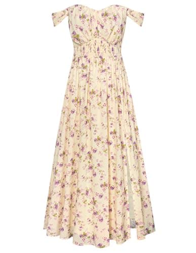 GRACE KARIN Summer Floral Dress for Women 2026,Off the Shoulder Smocked Bridesmaid Dresses,Formal Baby Shower Maxi Dresses Beige Purple L - Image 1