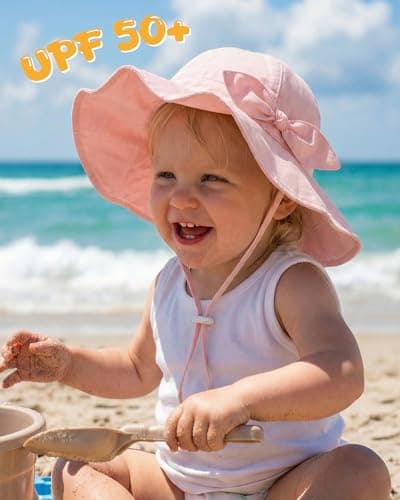 HONGTEYA Baby Sun Hat Cotton Stripe Bow Wide Brim Toddler Beach Bucket Hat - Thumbnail 2
