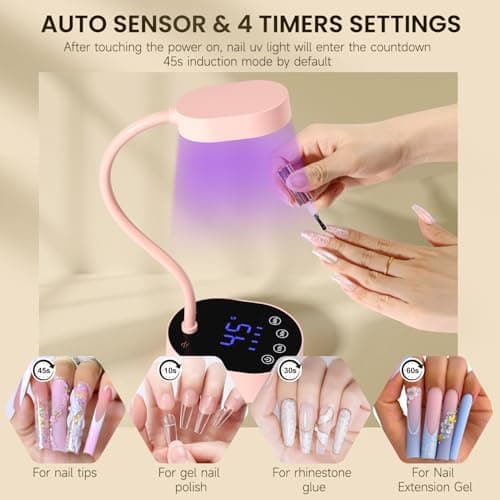 AORAEM UV Nail Lamp, Gooseneck Mini U V Light for Gel Nails, 36W Rechargeable LED Flash Cure Lamps with 4 Timers & Auto Sensor, Quick Dry Professional Nail Dryer for Salon Home DIY Use, Pink - Thumbnail 5