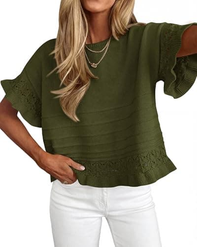 KIRUNDO Short Sleeve Sweater for Women 2026 Spring Summer Tops Crochet Round Neck Ruffled Hem Knit Pullover Casual Blouse(Army Green, XX-Large) - Image 1