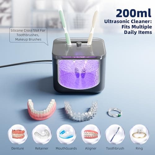 Ultrasonic Retainer Cleaner Machine, Denture Cleaner for Aligners Night Guards Braces Mouth Guards Toothbrush Heads，All-in-One Dental & Jewelry Cleaner, 45kHz 200ML, Dual Modes - Thumbnail 4
