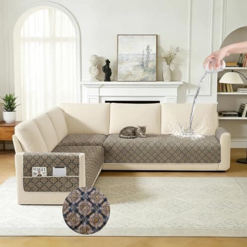 ALIECOM L Shaped Couch Cover for Sectional Sofa Waterproof Sofa Slipcover Non Slip Corner Couch Covers for Dogs Cats (Large, Floral Beige & Navy)