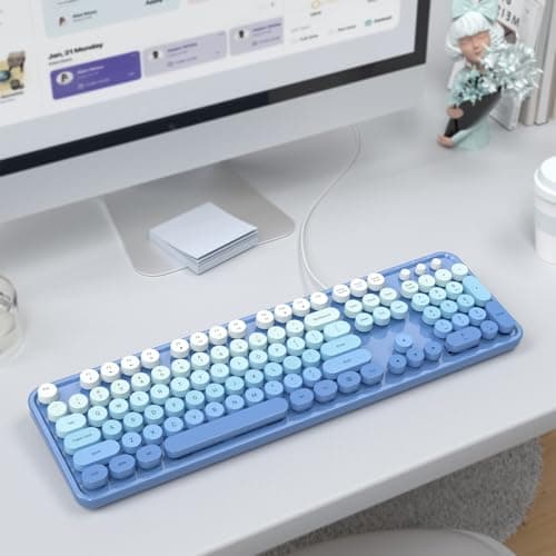 Atelus USB Wired Computer Keyboard - Retro Typewriter Style Full Size Office Keyboard with Number Pad, Caps Indicators, Foldable Stands, for PC Laptop Desktop Windows (Blue) - Thumbnail 4