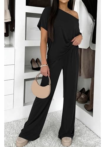 KIRUNDO Lounge Sets for Women Airport Travel Outfit 2026 Summer Off the Shoulder Tops Wide Leg Pants 2 Piece Matching Set(Black, X-Large) - Thumbnail 3