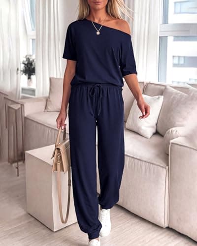 Zenlonr Women Summer 2 Piece Outfits 2026 Off Shoulder Short Sleeve Tops Elastic Waist Drawstring Long Pants Tracksuit(Navy,XX-Large) - Thumbnail 5