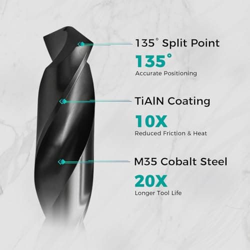 OSTTE 14 Pcs Cobalt Drill Bit Set (Pro), M35 Cobalt Twist Drill Bit Set with Titanium Aluminum Nitride Coated (TiAlN), 135 Degree Split Point Hardened Metal, Stainless Steel, Plastic, 1/16" - 1/2" - Thumbnail 5