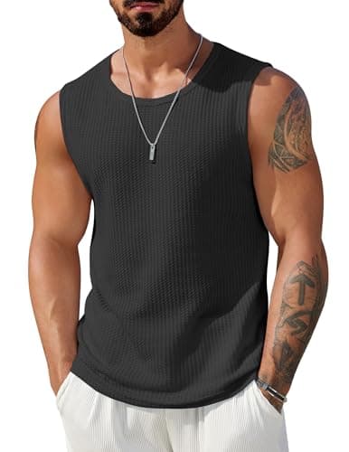 COOFANDY Mens Waffle Sleeveless Tee Shirts Casual Knitted Mesh Tank Top Beach Muscle Shirts Regular Fit Black L - Image 1