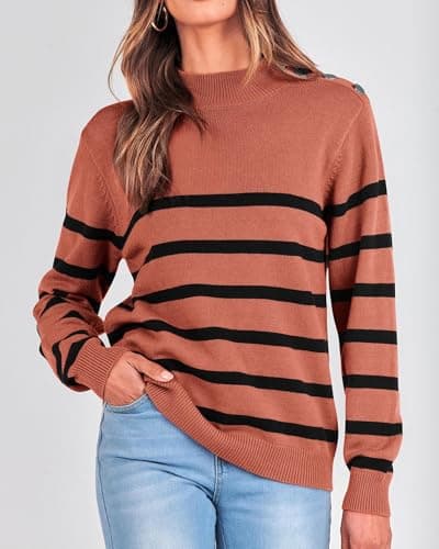 KIRUNDO Fall Sweaters for Women 2026 Striped Turtleneck Ribbed Knit Sweater Trendy Pullover Jumper Winter Fashion Clothing(Medium, Rust Red) - Thumbnail 3