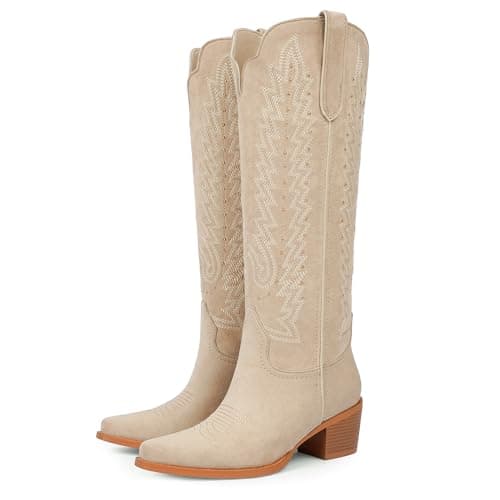 VIUGJNEX Women's Cowgirl Boots Beige Suede Western Knee High Beige Cowboy Boots Wide Calf Slip On Chunky Heel Pointed Toe Pull On Tall Boot for Party Concert Retro Classic Size 9.5 - Image 1