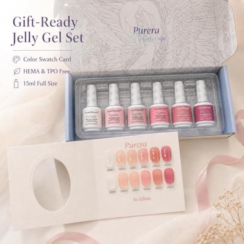 AZUREBEAUTY 6 Colors 15ml HEMA Free Jelly Purera Gel Nail Polish Set, Same Color Bottles, Soak Off UV LED Gel Polish Kit Nail Art for DIY at Home Manicure Salon Gifts, Milky White Pink Neutral Sheer - Thumbnail 2