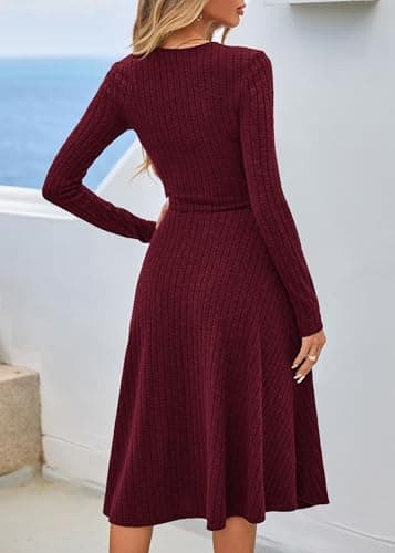 Lazysmile Long Sleeve Fall Winter Dresses for Women V Neck Button Down A Line Swing Casual Knit Sweater Dress Wine Red - Thumbnail 2