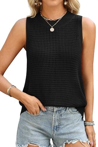 ATHMILE Summer Crochet Tank Tops for Women 2026 Casual Crewneck Hollow Out Loose Knit Sleeveless Sweater Vest Top Trendy Black - Image 1