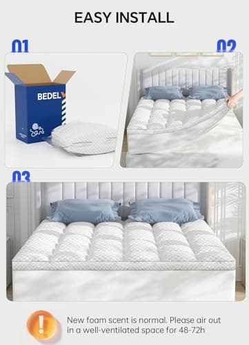 BEDELITE King Mattress Topper 3 Inch Thick Mattress Pad, Plush Pillow Top Bed Cover with Elastic Deep Pockets Up to 6-24 Inch for Pressure Relief, Shredded Memory Foam Filling (White) - Thumbnail 6