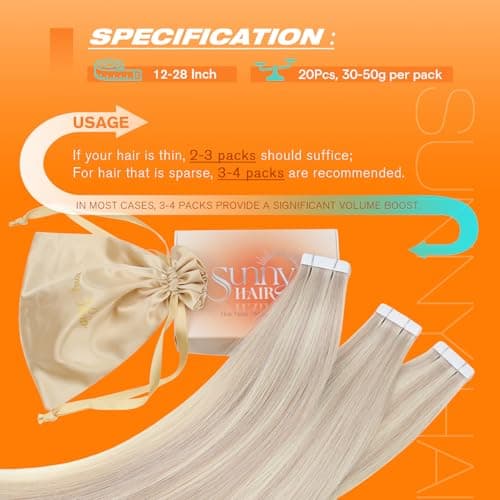 Sunny Hair Tape in Hair Extensions Human Hair, Blonde Highlight Bleach Blonde Tape ins Extensions for Women, 12 Inch 20Pcs 30g, Easy to Install Remy Human Hair - Thumbnail 5