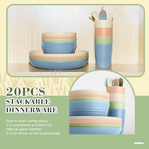 Wrova Wheat Straw Kids Plates and Bowls Sets,Unbreakable Kids Dinnerware sets with Flatwares,Lightweight Reusable Camping Plates and Bowls Sets.Nordic Series - Thumbnail 3