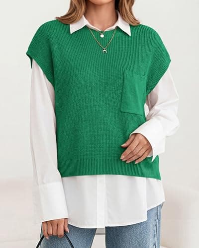 KIRUNDO Spring Summer Short Sleeve Sweater for Women 2026 Casual Sweater Vest Cotton Knit Pullover Tank Tops Fashion Clothing(Green, Medium) - Thumbnail 5