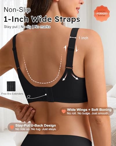 leviace Wireless Jelly Bras for Women with Support - Anti-Slip Wide Straps Push Up Full Coverage Plunge Seamless Padded T-Shirt Bralette No Underwire Soft Invisible Back Smoothing Sleep Bra, Black, S - Thumbnail 2