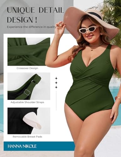 Hanna Nikole One Piece Swimsuit Women Athletic Plus Size,False Overlapping Design Tummy Control Swimsuits Army Green 20W - Thumbnail 3