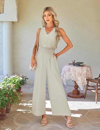 LOOKBOHO Women Spring Jumpsuits Dressy Casual One Piece Outfits Sleeveless V Neck Wide Leg Pants Elegant Rompers(AT,XXL) - Thumbnail 5