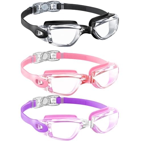 QALLY Kids Goggles Age 4-16, Kids Swimming Goggles UV Protection Anti-Fog No Leaking, 3 Pack Swim Goggles for Boys Girls Youth