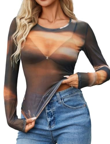 Avidlove Sheer Top Long Sleeve Mesh Top Women Mesh Blouse for Women Long Sleeve Undershirt for Women Gradient Brown S - Image 1