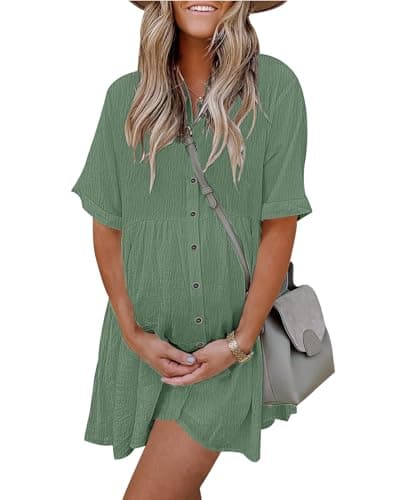 AUSELILY Women's Summer Babydoll Dress Casual Short Sleeve Sundress Button Down Dresses with Pockets Pea Green XL - Image 1