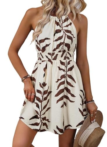 BLENCOT Womens Dresses Summer Casual Halter Neck Beach Sundress Floral Printed Beach Mini Dress with Pockets Beige Small - Image 1