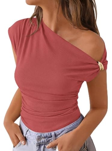 PRETTYGARDEN Womens Summer Off The Shoulder Crop Tops Ribbed Going Out Fitting T Shirts Trendy Spring Y2k Clothes 2026(Bean Paste Red,Small) - Image 1