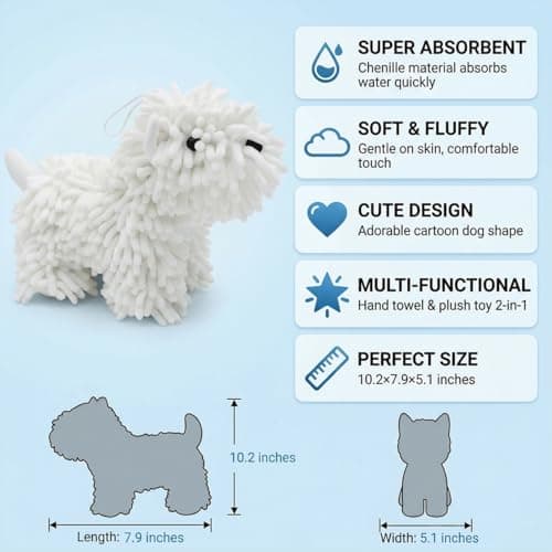 Cute Dog Chenille Hand Towel, 3D Puppy Hangable Fuzzy Ball Hand Towel Microfiber Super Soft Absorbent Bathroom & Kitchen Towels with Hanging Loop, Can Be Placed on the Sink Countertop (White & Pink) - Thumbnail 3