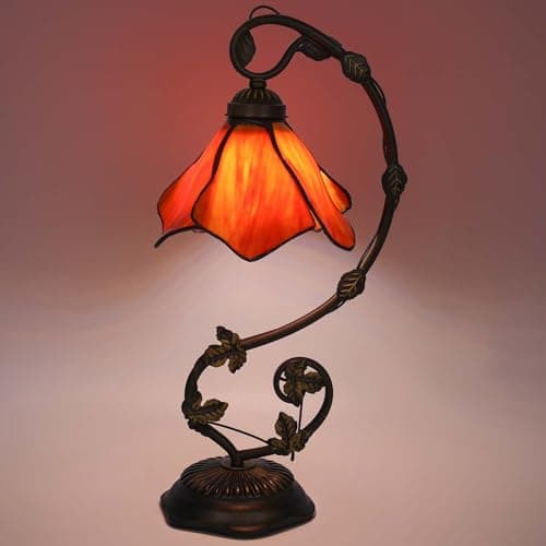 FILIUTF Stained Glass Table Lamp, Orange-Red Flower Style Metal Leaf Base Desk Reading Light, Adjustable 3 Color Temperature Decor for Bedroom Home Office - Thumbnail 3