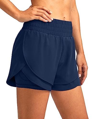 Soothfeel Women's 2 in 1 Running Shorts High Waisted Athletic Shorts Exercise Gym Workout Shorts for Women with Pockets Navy - Image 1